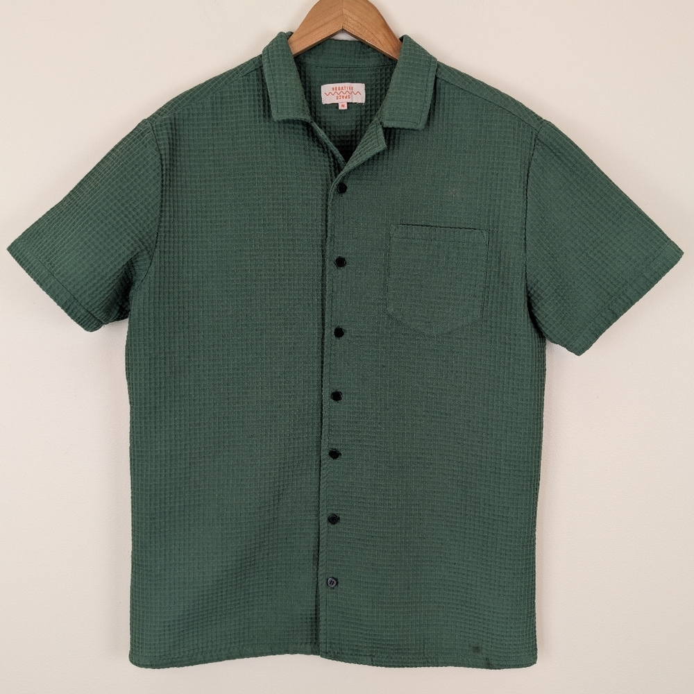 Negative Space Green Textured Waffle Knit Short Sleeve Button Up Shirt